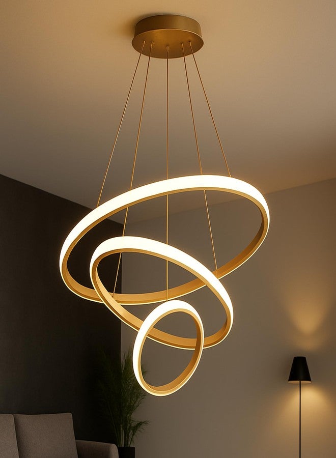 HDC 3 Ring Modern LED Chandelier Ceiling Lamp | Gold Finish Pendant Light with 3 Color Modes (Cool White, Warm White, Natural White) for Living Room, Hall, Dining, Lobby - Pack of 1 - Image 1